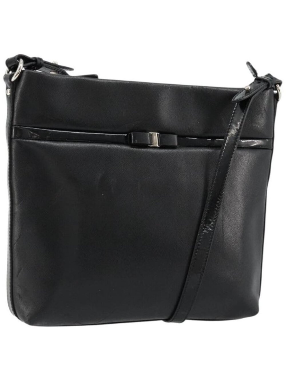 Authentic Salvatore Ferragamo Vara Ribbon Shoulder Bag Leather Silver Black